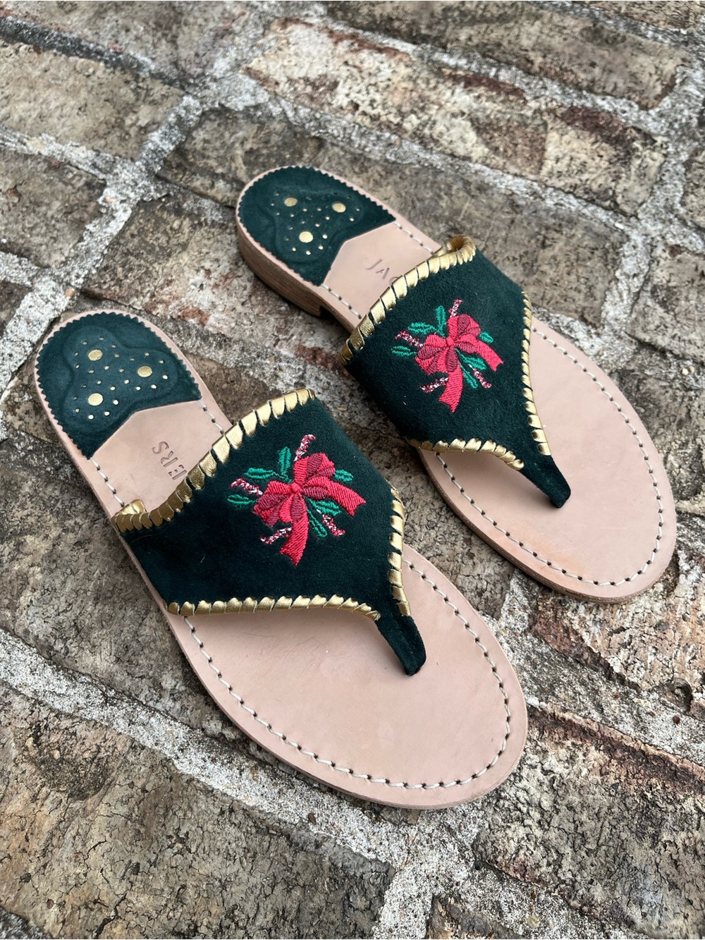 Jack Rogers Embroidered Black Suede Thong Sandals Gold Holiday Bow Womens 8M